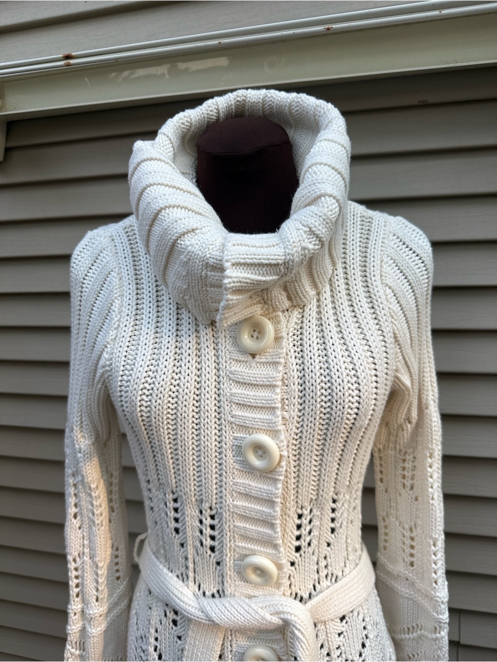 Moda International Long Cream Open-Knit Button-Front Belted Cardigan Size M - Picture 6 of 8